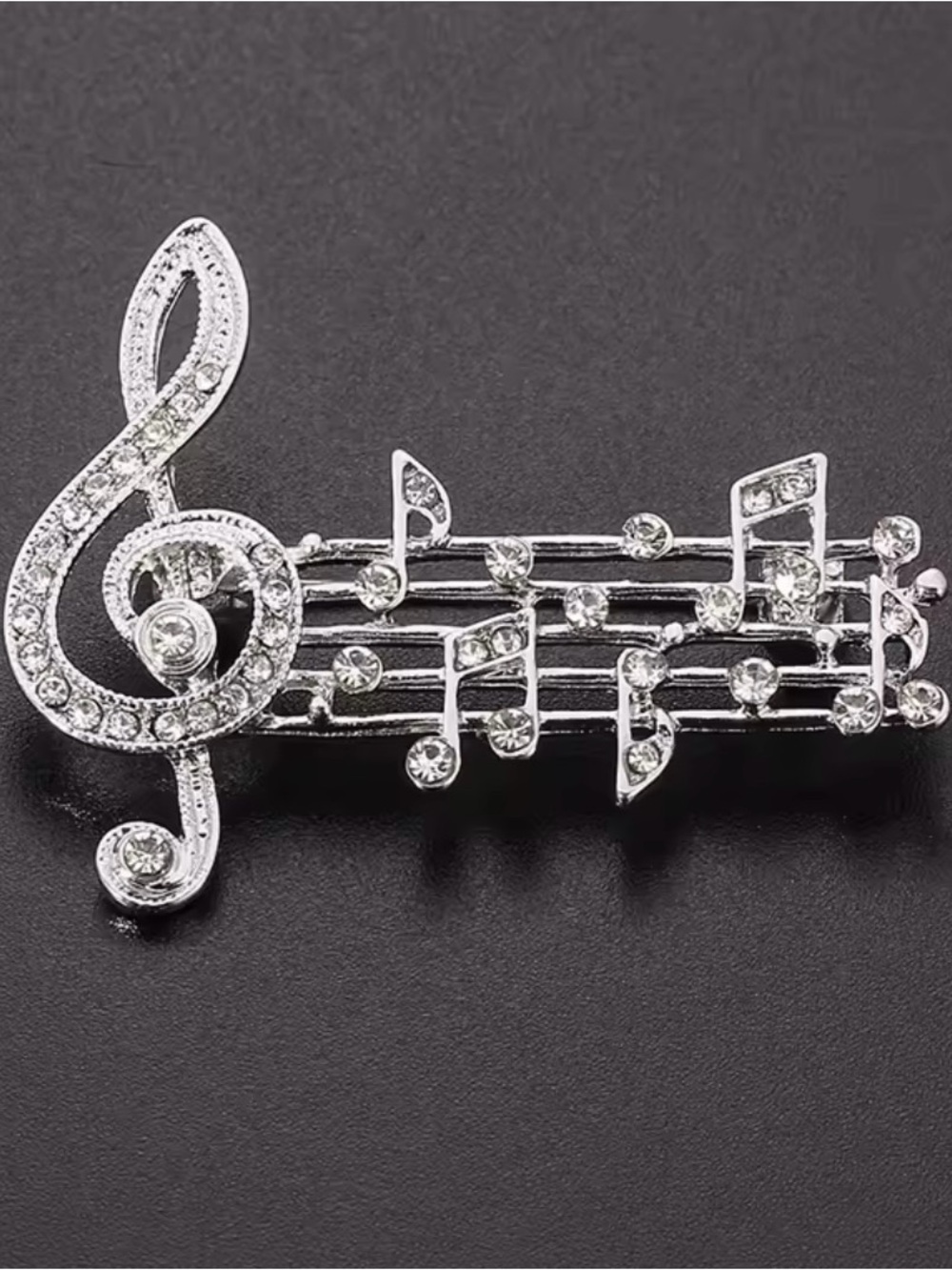 Musical Note Rhinestone Brooch Pin, silver tone.